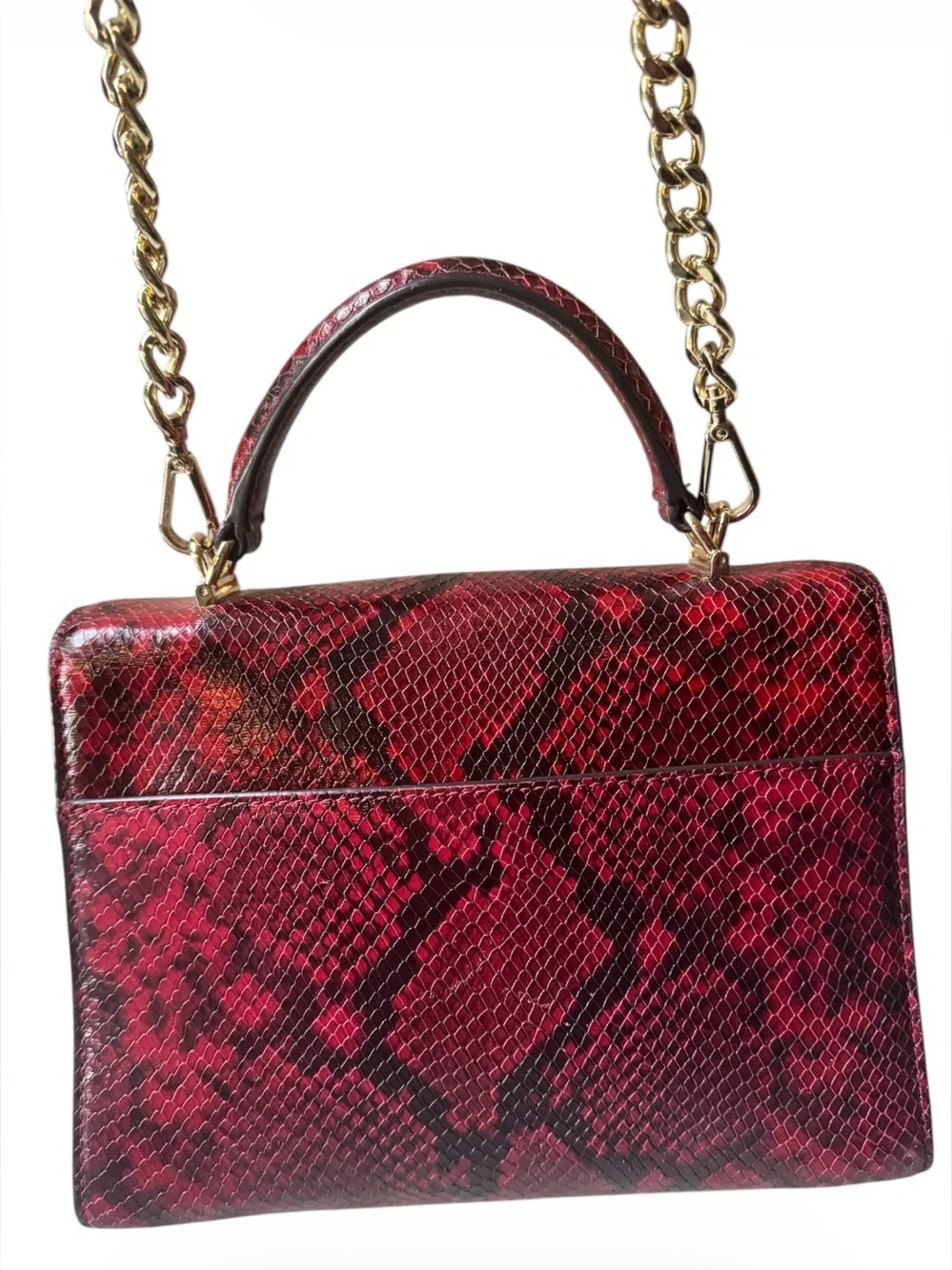 Michael Kors Red Snake-Embossed Satchel with Gold Hardware